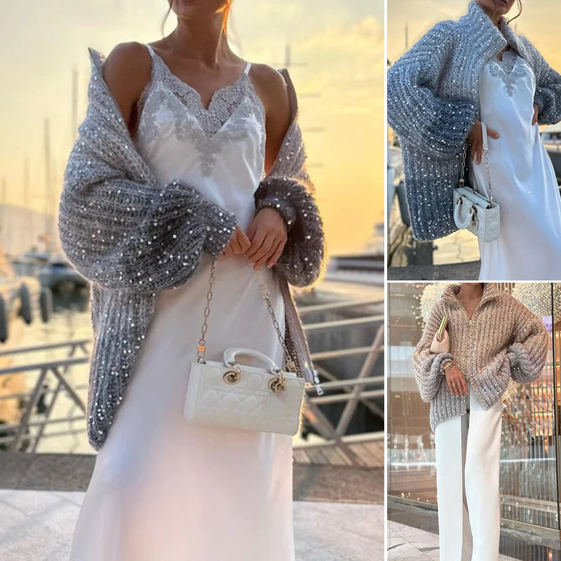 Knitted sweater jacket with solid sequins